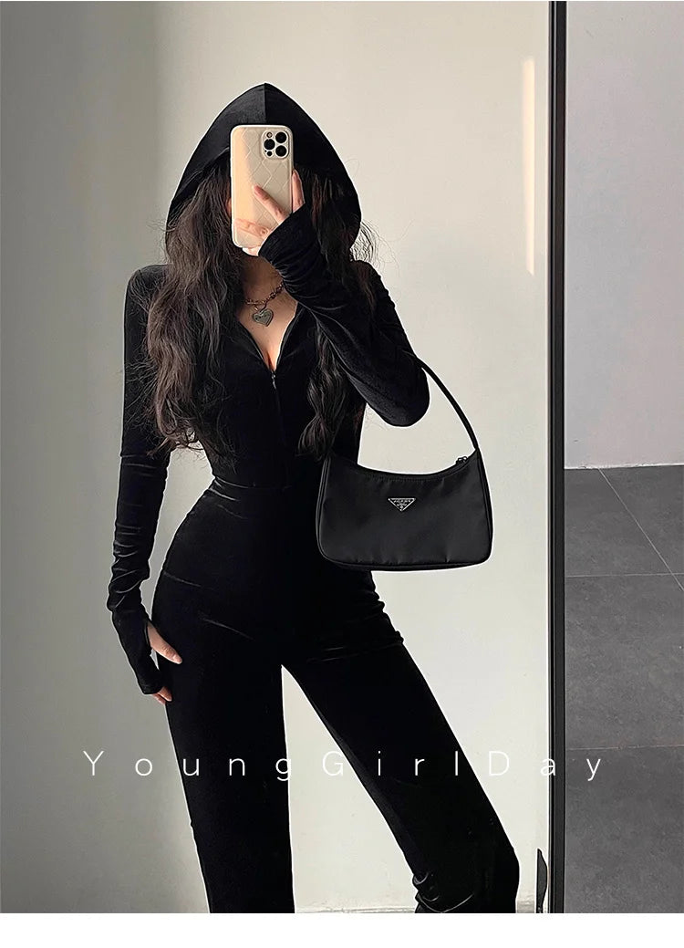 WOMENGAGA Fashion Black Velvet Slim Hooded Zipper Long Sleeve Flare Pants Jumpsuit Rompers Korean Sexy Hot Tops 2022 9P64