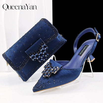 QueenaYan Elegant Navy Blue Handbag and Medium Heel Shoes Set with Beautiful Handmade Metal Decoration for Weddings and Parties