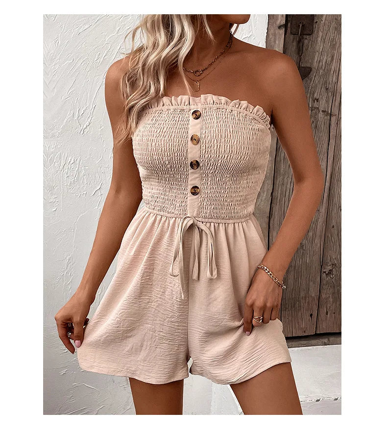 Summer Leisure Vacation, European and American Solid Color High Waist Design, Strapless Jumpsuit Shorts