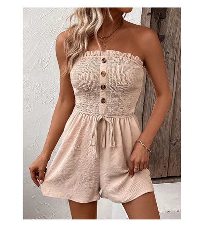 Summer Leisure Vacation, European and American Solid Color High Waist Design, Strapless Jumpsuit Shorts