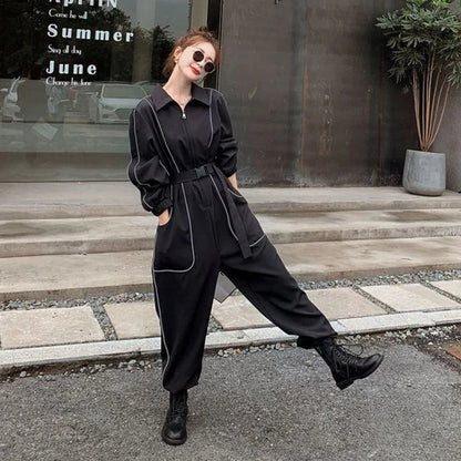 Haren Style Jumpsuit For Women Spring Autumn New Safety Reflective Strip Loose Tied Foot Rompers Set Female Casual Overalls