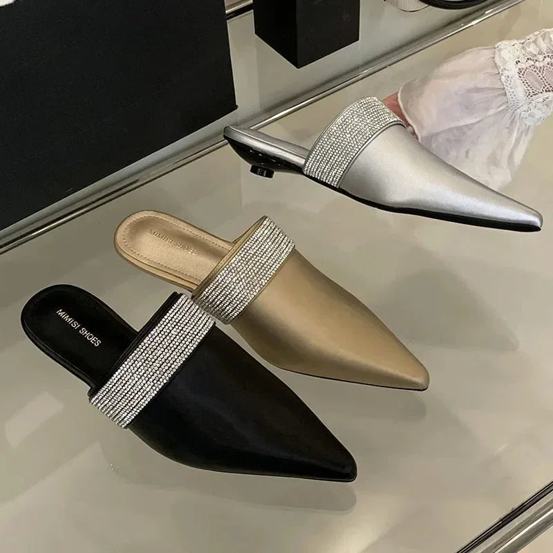 Pointy Toe Mules Women Slides Sandals Luxury Rhinestones Dress Shoes Summer 2025 Low Heel Gold Designer Slippers Ladies Pumps