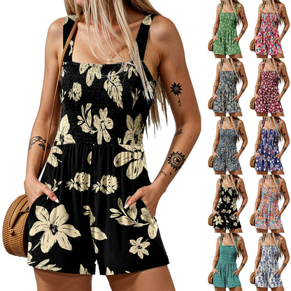 Ladies' Summer Casual Smocked Rompers Chic Square Neck Sleeveless Loose Shorts Jumpsuits Thin Bohe Style Beach Vacation Outfits
