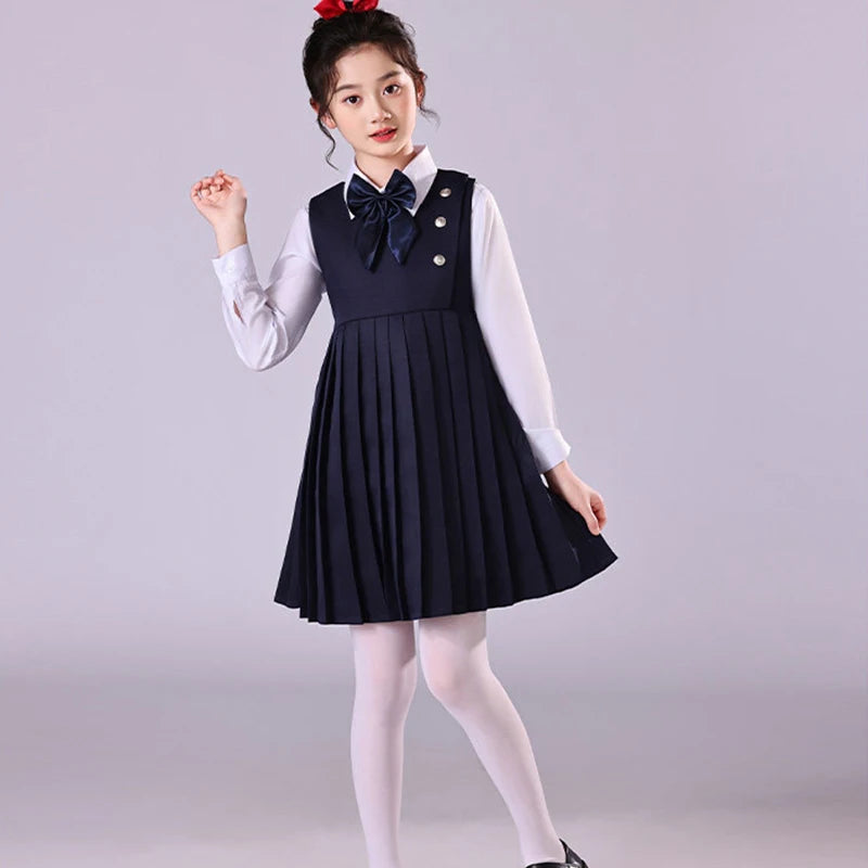 Girls Preppy Style Pleated Jumper Dress Headdress + Bow Tie Pants Suit Children Choir Poetry Performance Fashion School Uniform