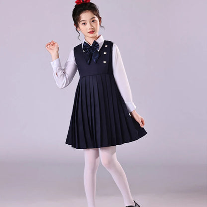 Girls Preppy Style Pleated Jumper Dress Headdress + Bow Tie Pants Suit Children Choir Poetry Performance Fashion School Uniform