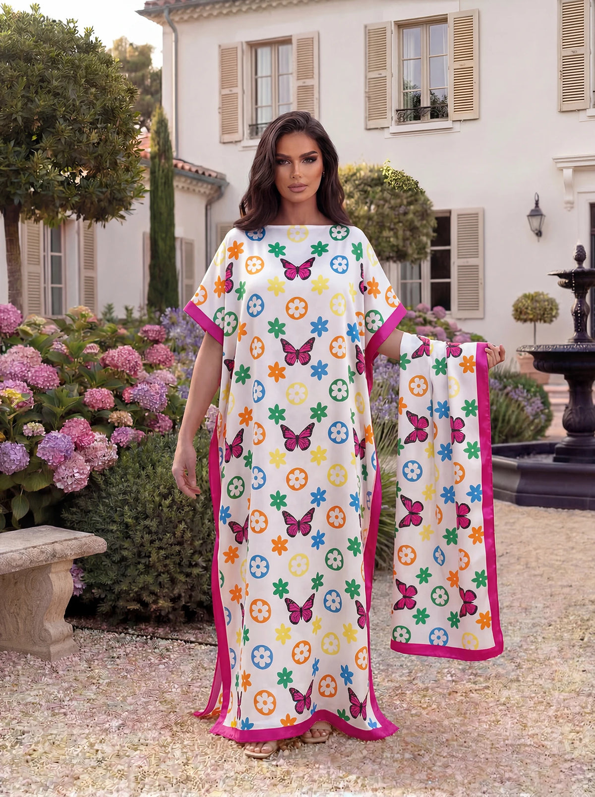 Boho Butterfly Flower Geometric Print Satin Abaya Scarf Set, Loose Batwing Maxi Kaftan For Muslim Women Beach Vacation Wear