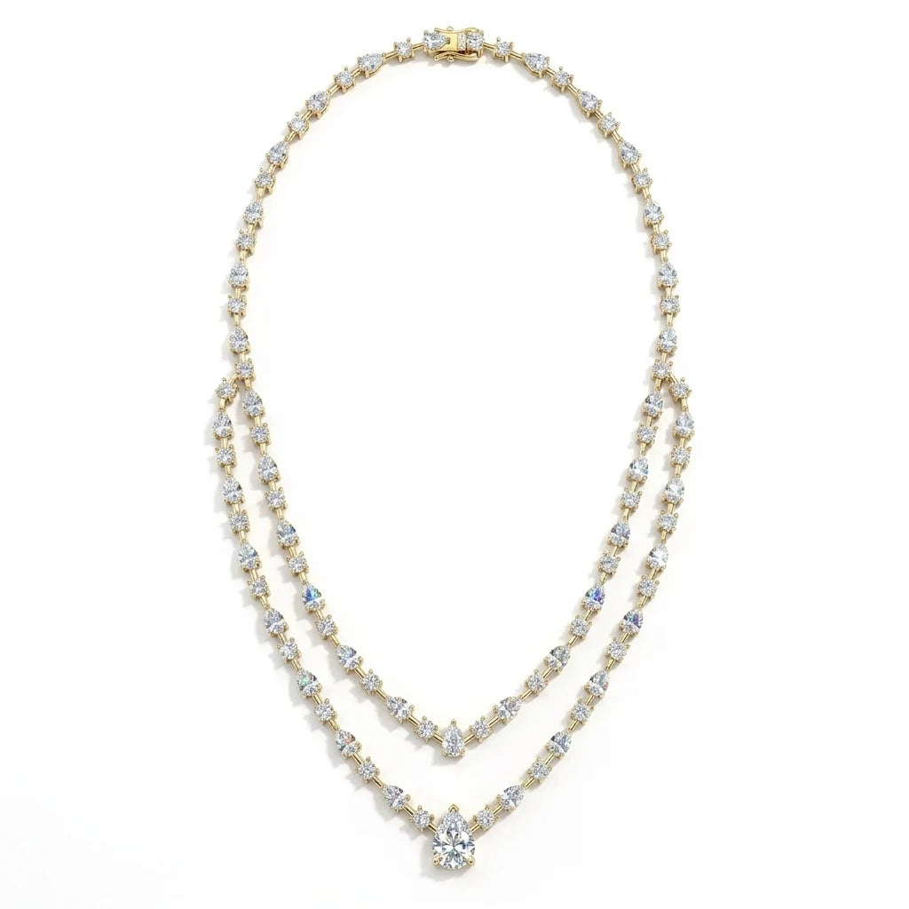 Double Layer Pear Cut Moissanite Tennis Necklace S925 Silver GRA Certified Elegant Bridal Wedding Jewelry for Women