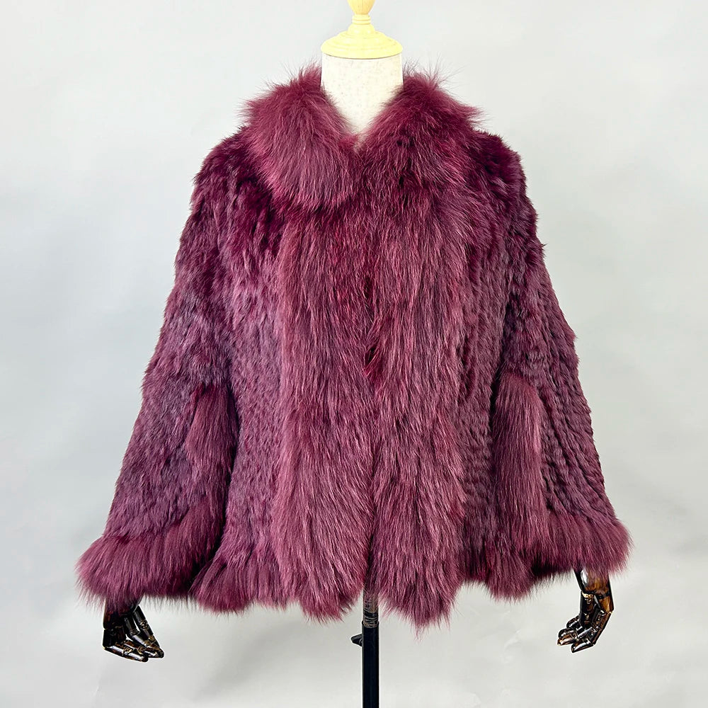 New Real Genuine Natural Knitted Rabbit Fur Shawl Coat With Fox Fur Collar Women's Fashion Knit Jacket Cape