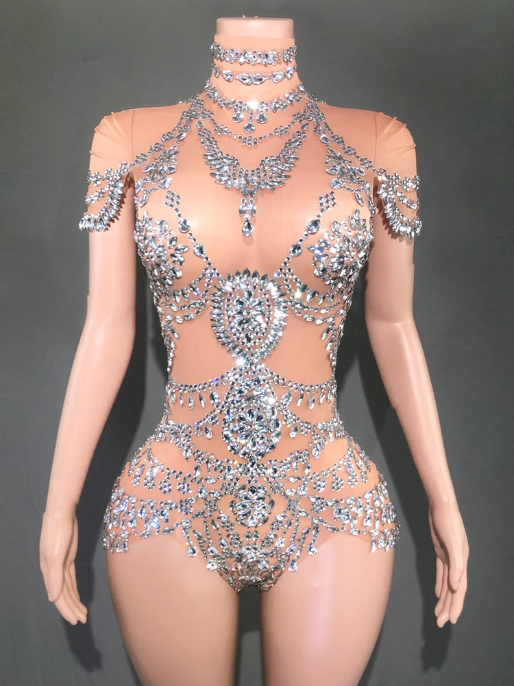 Sparkly Rhinestones Bodysuit for Women Sexy Mesh Transparent Performance Dance Costume Singer Dancer Show Stage Wear