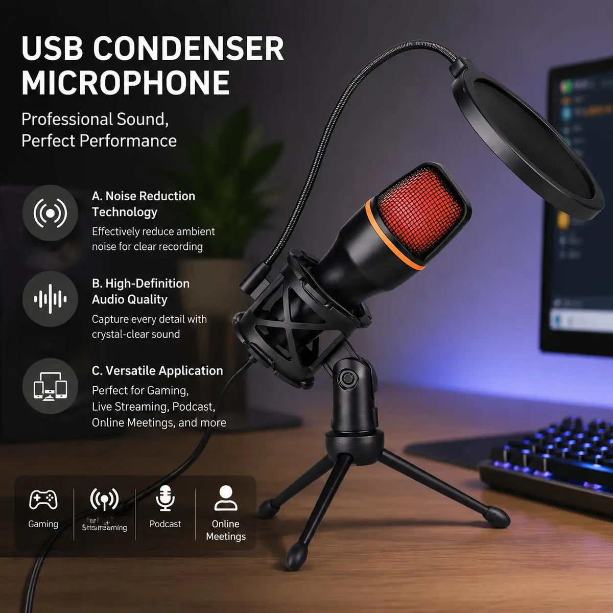RGB Condenser Microphone Kit with Tripod Stand Professional USB Mic for Gaming Streaming YouTube Podcasts Video Recording Studio Equipment for PC Laptop Mute Button Voice Changer Adjustable RGB Lighting Plug and Play Cardioid
