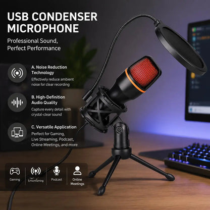 RGB Condenser Microphone Kit with Tripod Stand Professional USB Mic for Gaming Streaming YouTube Podcasts Video Recording Studio Equipment for PC Laptop Mute Button Voice Changer Adjustable RGB Lighting Plug and Play Cardioid