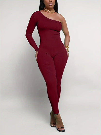 Fashion Knit Ribbed Women One Shoulder Long Sleeve Yoga Sport Sexy Jumpsuit Streetwear Playsuit One Piece Suit Romper Outfit