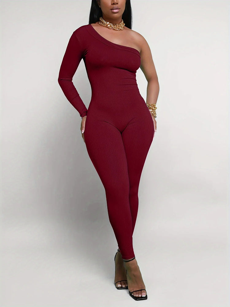 Fashion Knit Ribbed Women One Shoulder Long Sleeve Yoga Sport Sexy Jumpsuit Streetwear Playsuit One Piece Suit Romper Outfit