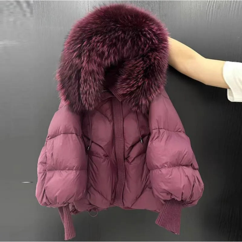New Wool-neck Hooded Down Jacket Winter Thickened Warmth Loose Duck Down Coat Fashionable Simple Commuting Warm Women's Clothing