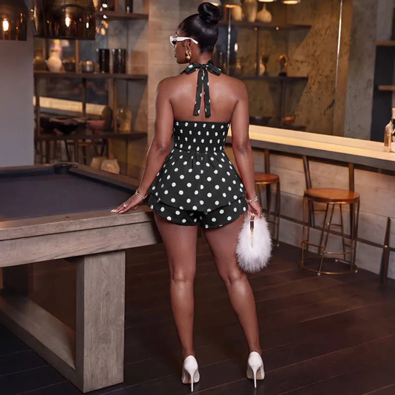 Doyerl Polka Dot Playsuit for Woman Rompers Birthday Outfits Halter Strapless Backless Club Party One Piece Jumpsuit Shorts