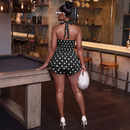 Doyerl Polka Dot Playsuit for Woman Rompers Birthday Outfits Halter Strapless Backless Club Party One Piece Jumpsuit Shorts
