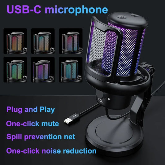 USB Microphone for PC Condenser Podcast Mic for Studio Recording with Headphone Jack, Led, Noise Cancellation Gaming Microphone