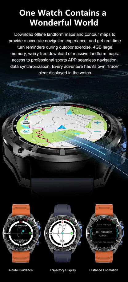 2025 New Tactical Smartwatch Built-in GPS Offline Map 4GB Memory 5ATM IP69K Swimming Waterproof Men Militray Smart Bracele