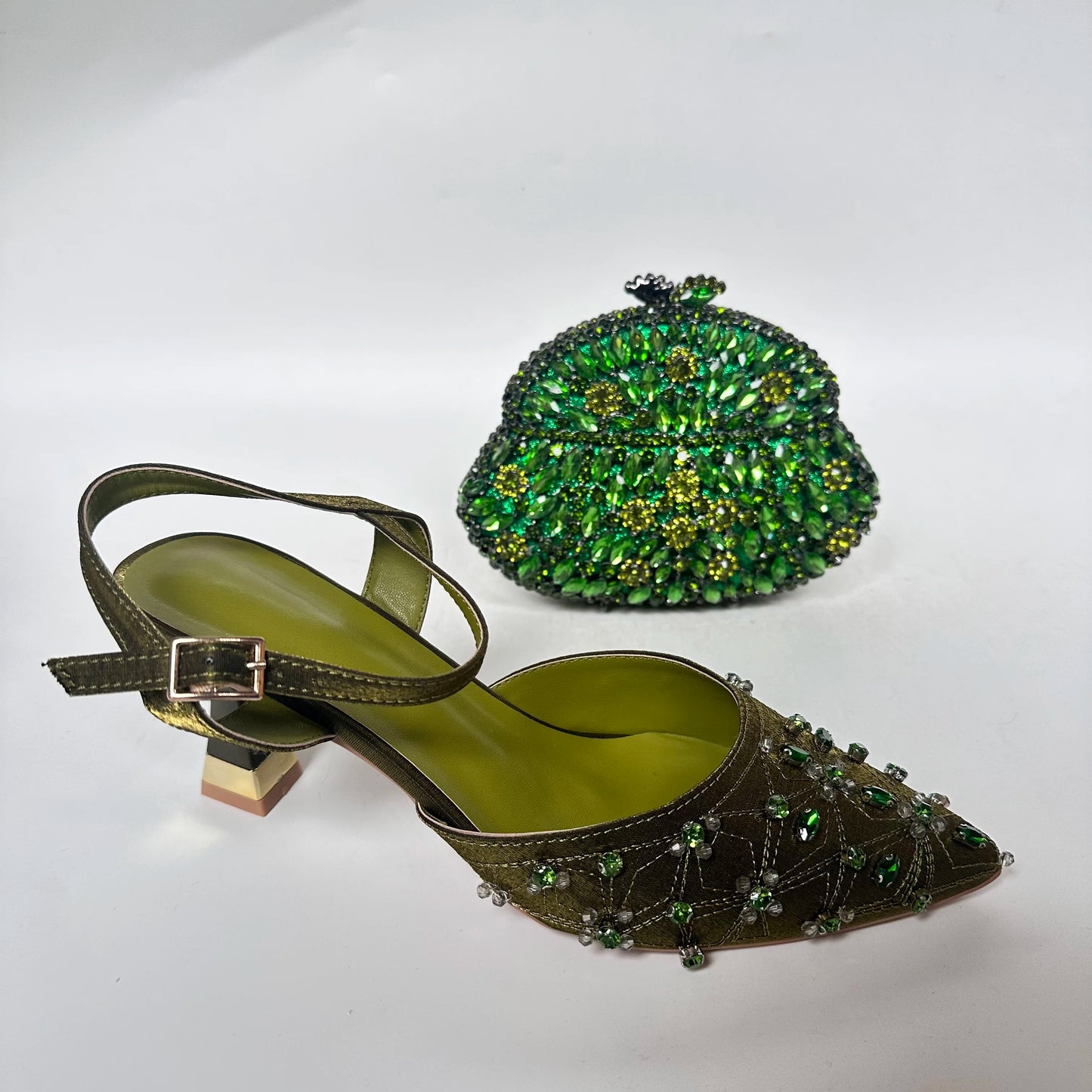 Insightlink Luxury Olive Green Rhinestone High Heel Shoes & Matching Clutch Bag Set – Elegant Pointed Toe Block Heel Sandals