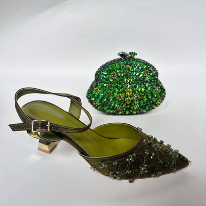 Insightlink Luxury Olive Green Rhinestone High Heel Shoes & Matching Clutch Bag Set – Elegant Pointed Toe Block Heel Sandals
