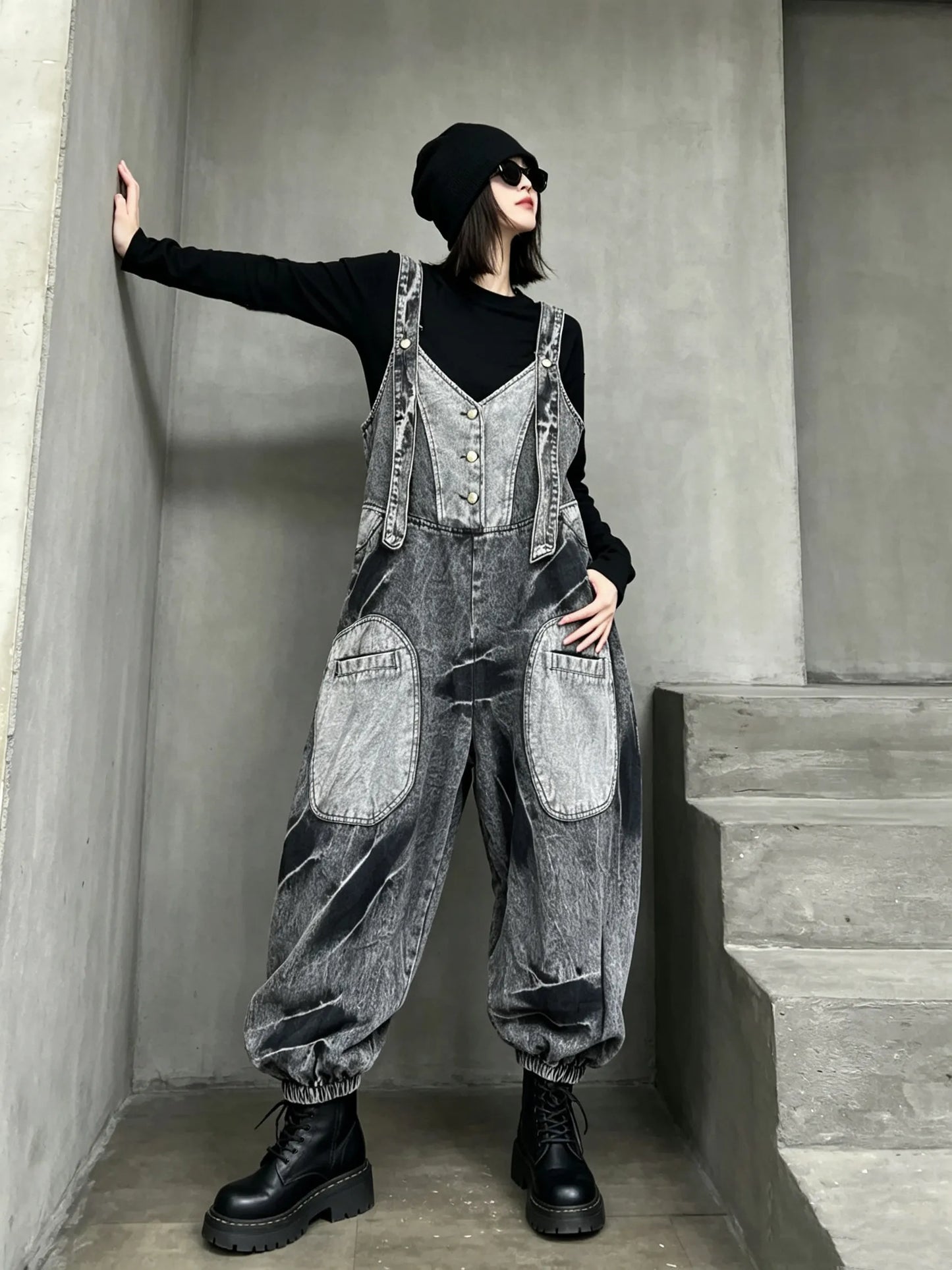 Unique Trendy Cool Distressed Color-blocked Denim Overalls Women Loose Plus-size Stylish One-piece Lantern Pants Autumn LX6298