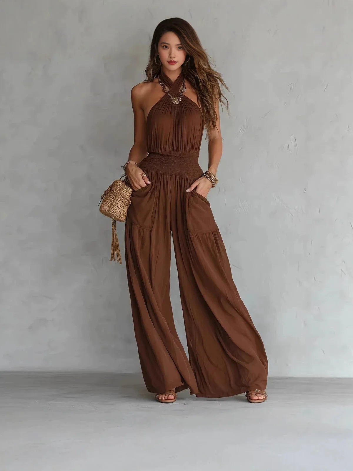 Retro Solid Women's Loose Wide Leg Jumpsuit Fashion Neck Hanging Design Sexy Backless Romper With Pocket Ladies Office Jumpsuits