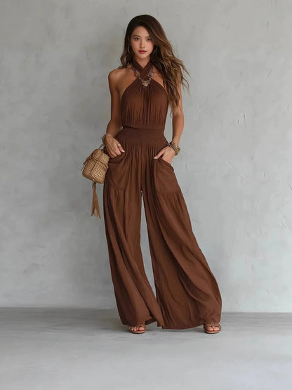 Retro Solid Women's Loose Wide Leg Jumpsuit Fashion Neck Hanging Design Sexy Backless Romper With Pocket Ladies Office Jumpsuits