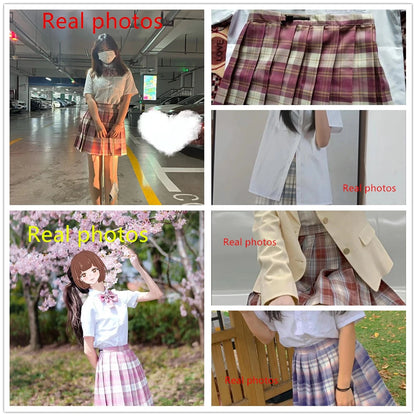 New Japanese School Uniform Korean Student Jk Seifuku Blouse Pleated Skirt Tie Full Set Girl Plaid Skirt Pink Uniforms For Woman