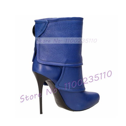 Button Decor Foldover Ankle Boots Female Chic Leather Splicing Pointy Toe High Heels Shoes Patchwork Slip On Sexy Stiletto Boots