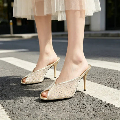 Luxury Rhinestone Detail Mules Sandals Women Sexy Peep Toe High Heel Slippers for Ladies Elegant Banquet Shoes Summer Mesh Shoes