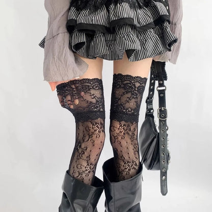 Socks Woman Autumn/Summer Solid Color Thigh High Lace Stockings Women Over The Knee Stockings Lolita Girls Long Leg Boot Socks #