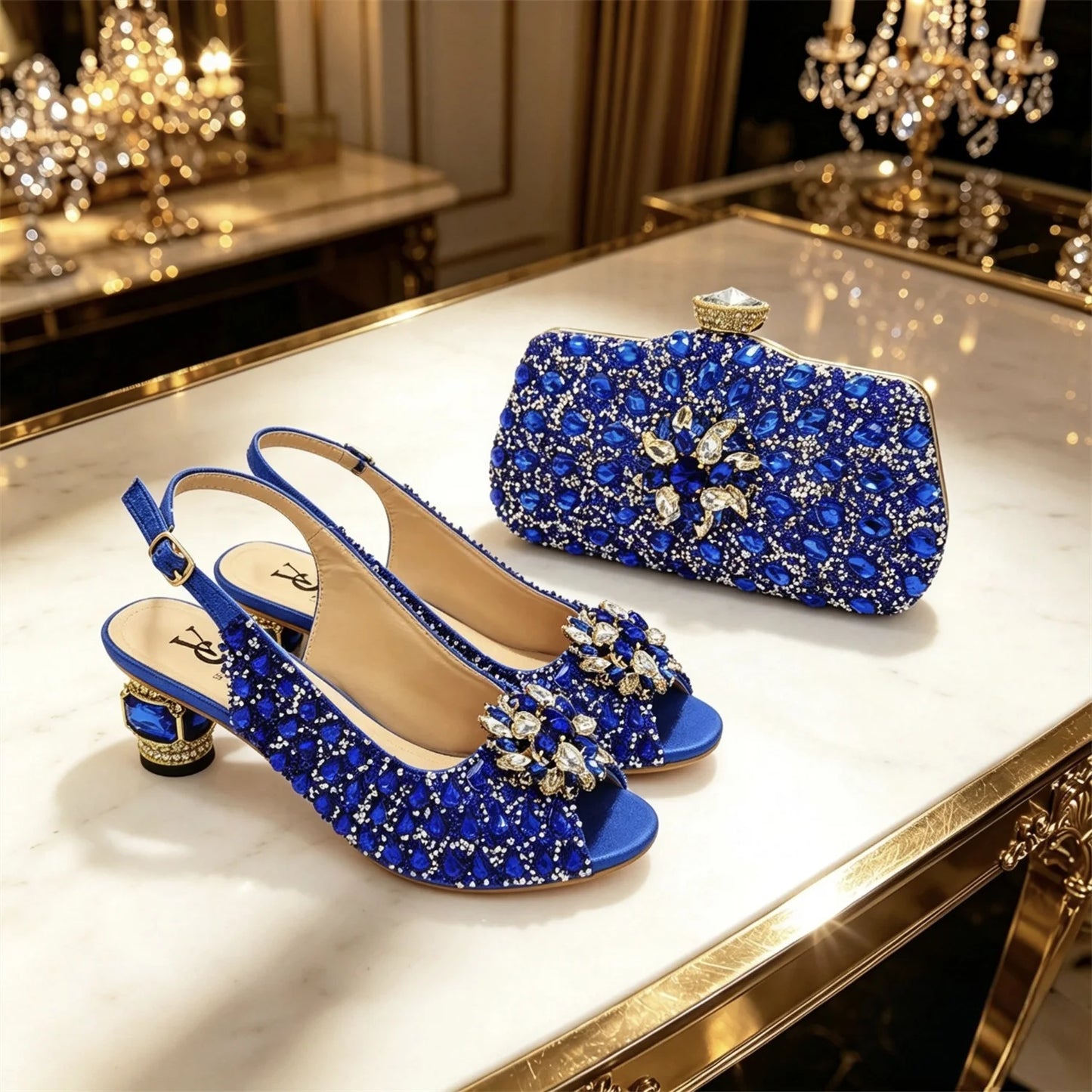 Women's Royal Blue Rhinestone Slingback Heels with Matching Clutch Bag Set Low Heel 3CM for Wedding Bridesmaid Evening Party