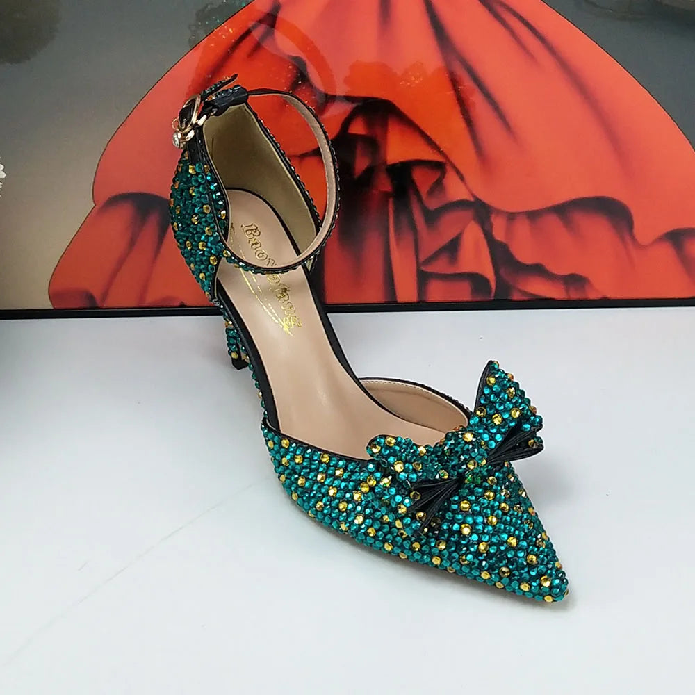 BaoYaFang 2024 New Arrival Teal Blue Strawberry Bridal Wedding Shoes and Bag Female Ladies Party Shoes Ankle Strap High Pumps