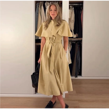 Women's Trench Style Midi Dress Stand Collar Cape Overlay Short Sleeve Belted Waist A‑Line Dresses Autumn Elegant Office Outfits