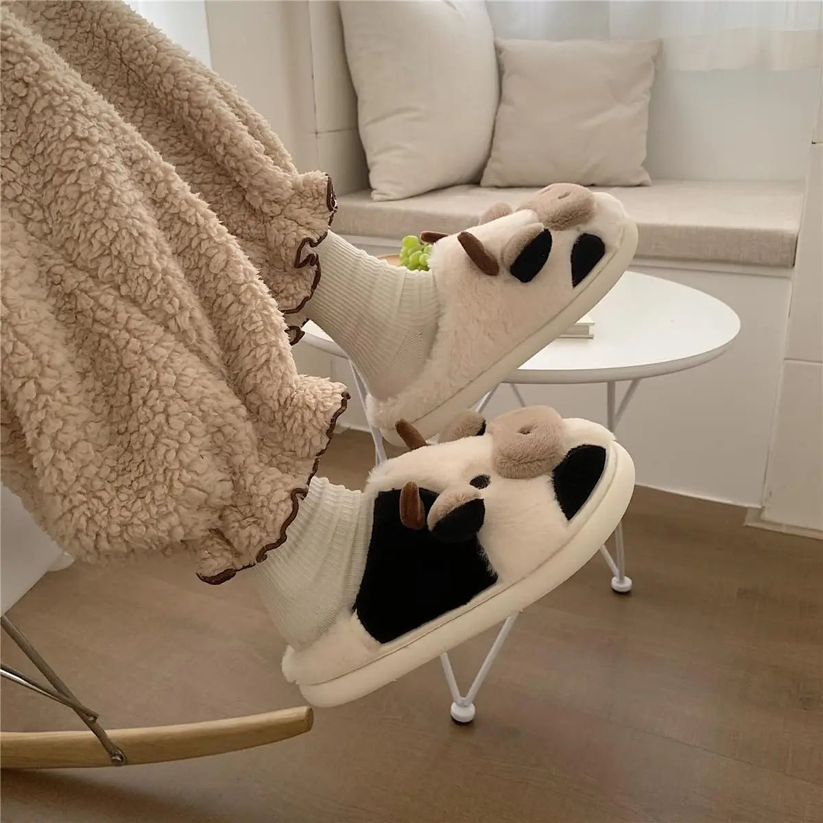 Shevalues Plush Cartoon Milk Cow Slippers Winter Women Slippers Furry Non-Slips Women Cotton Slides Couples Soft Cozy Flat Shoes