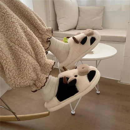 Shevalues Plush Cartoon Milk Cow Slippers Winter Women Slippers Furry Non-Slips Women Cotton Slides Couples Soft Cozy Flat Shoes