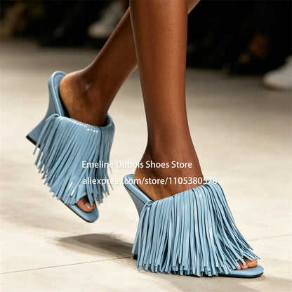 Blue Patent Leather Fringe Wedge Heel Mules Open Peep Toe Slip On Irregular Heel Sandals Nightclub Party Runway Shoes for Women