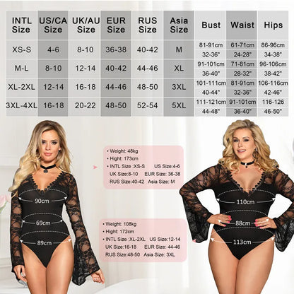 Bodysuits Women Top Fashion V Neck Lace Skinny Lingerie Leotard Black Mesh Salopette Teddy Femme Horn Sleeves Rompers Jumpsuits