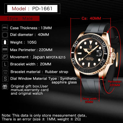 Hot Top PAGANI DESIGN Men Automatic Mechanical Watch Rose Gold Case Black Rubber Strap Dive Watch Sapphire Glass 100M Waterproof Luminous Date Sport Mens Wristwatch Relogio Masculino