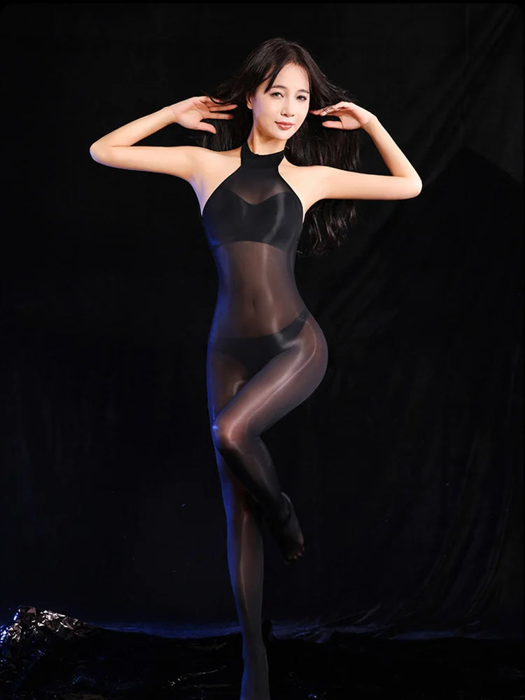 Sexy Cosplay Maid Tights Oil Glossy Elastic Bodysuit Rompers 5D Stain Oil Glossy Shiny Silky Tight  Jumpsuit Candy Color Leotard