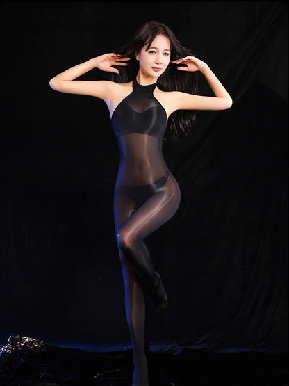 Sexy Cosplay Maid Tights Oil Glossy Elastic Bodysuit Rompers 5D Stain Oil Glossy Shiny Silky Tight  Jumpsuit Candy Color Leotard