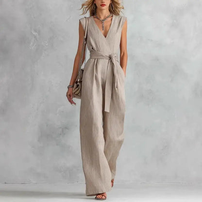 Women's Jumpsuit Sleeveless Women Jumpsuit Summer Causal Tie Waist Wide Leg Long Pants Rompers Summer V Neck One Piece Overalls