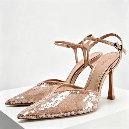 Luxury Designer Mesh Thin high Heeled Sandals Women Sexy Pointed Toe Bling Pumps Beige Open Heel Ankle Strap Wedding Party Shoes