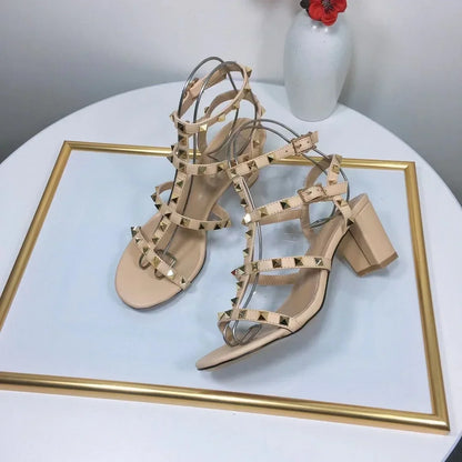 Rockstud Open Toe Block Heel Sandals Luxury Designer Ankle Straps Chunky Heels Women Summer Colorful Leather Pumps Dress Shoes