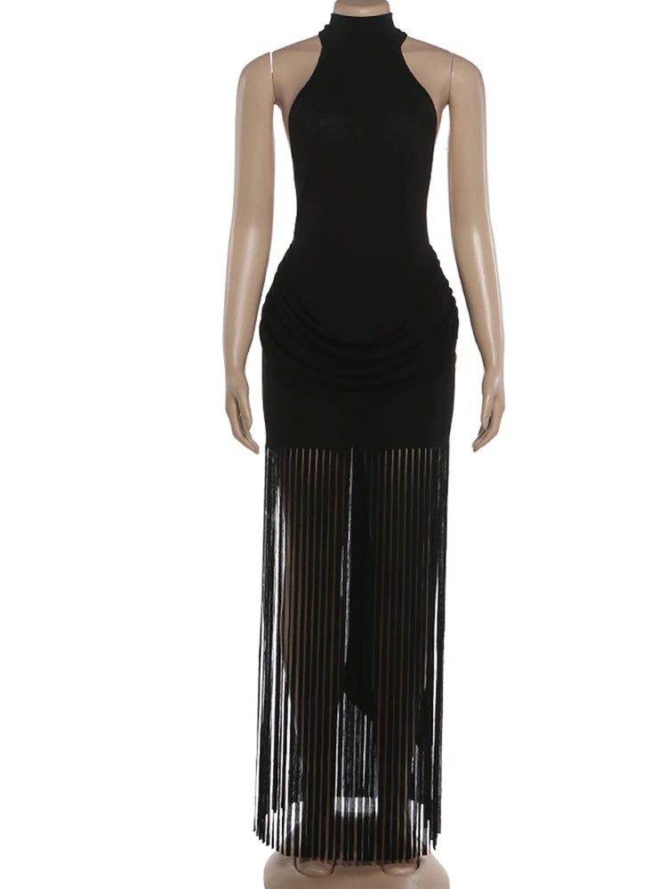 Weird Puss Halter Turtleneck Dress Women Velvet Ruched Patchwork Tassel Hem Elegant Sexy Backless Valentine's Day Party Bodycon