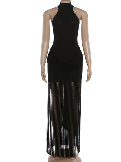 Weird Puss Halter Turtleneck Dress Women Velvet Ruched Patchwork Tassel Hem Elegant Sexy Backless Valentine's Day Party Bodycon