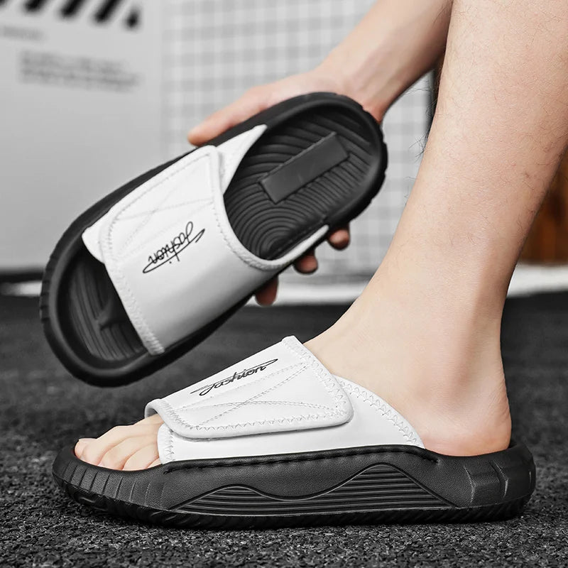 Leisure Walk Mens Slippers Outdoor Leather Male Slides Sneakers Summer Beach Shoes Sandals for Male Large Size Casual Half Drag
