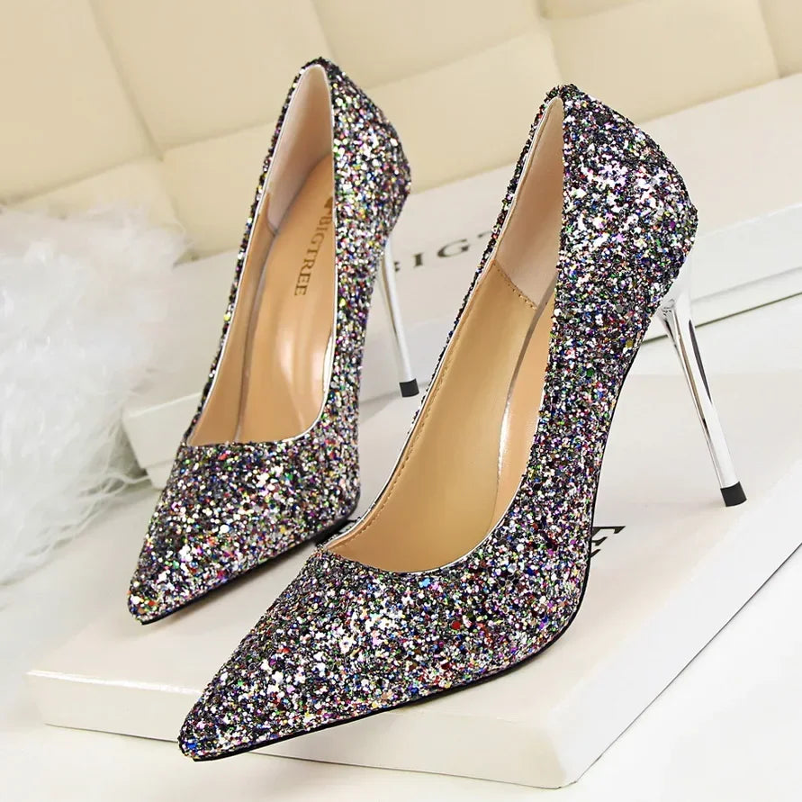 Women Luxury Bling Red  Blue Valentine Party Scarpins Pumps Lady Glitter Sequins 7cm 9.5cm High Heels Designer Shoes Plus Size