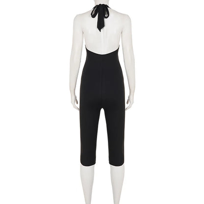 Women's Sleek Black Halter Jumpsuits With Eyelet Detailing Form-Fitting Capri Length Design Chic And Minimalist Summer Outfits