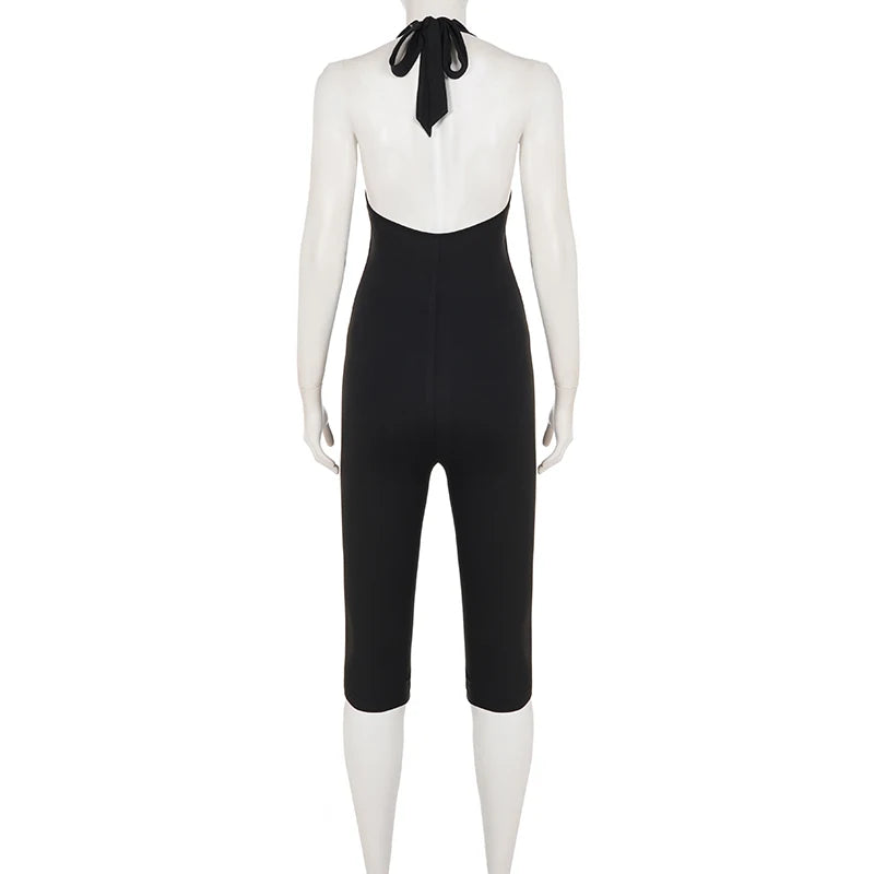 Women's Sleek Black Halter Jumpsuits With Eyelet Detailing Form-Fitting Capri Length Design Chic And Minimalist Summer Outfits
